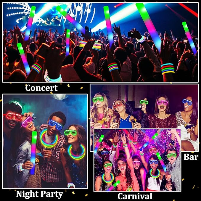 Camlinbo 148 PCS Glow in the Dark Party Supplies- 24 Pcs 12" Foam Glow Sticks, 24 Pcs LED Glasses, 100Pcs Glow Sticks Necklaces Bracelets Light Up Party Favors Pool Wedding Concert Easter Basket