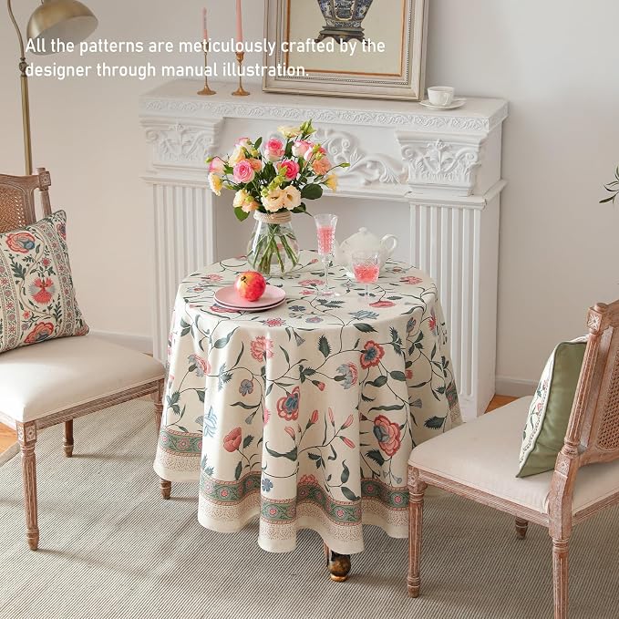 ISAENNE Designer French Linen Round Tablecloth,Diameter 55"-Daffy | Vintage Elegant Table Cloth for Round Table,Floral Pattern,Decoration,Heavyweight,Dining,Kitchen,Tea Party,Thanksgiving