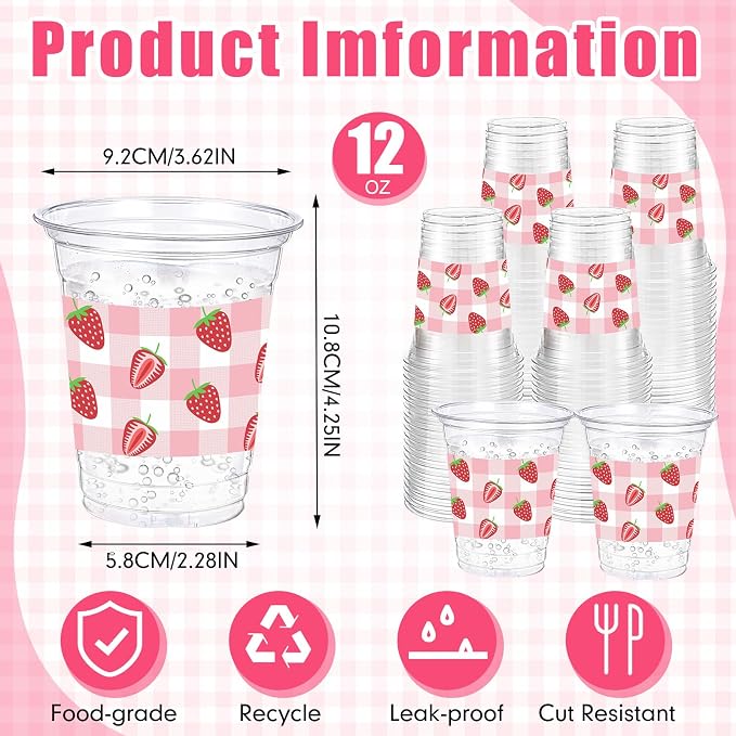 Funnymoom 60 Pack Strawberry Plastic Cups 12 oz Pink Gingham Disposable Clear Plastic Drinking Cups for Summer Fruit Theme Baby Shower Birthday Holiday Party Decoration Supplies