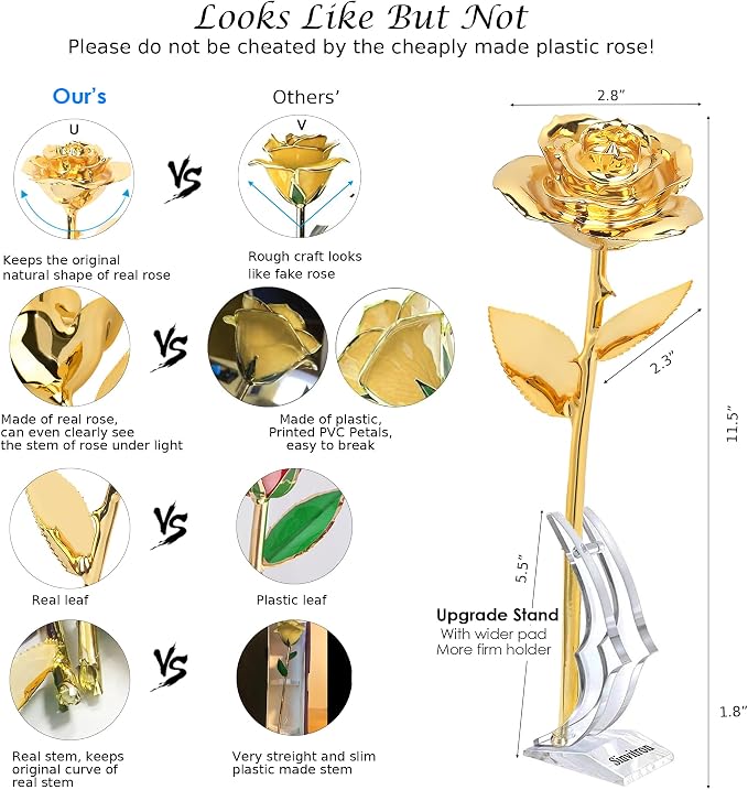 Sinvitron Gold Dipped Rose Real 24K Gold Rose, Hand Dipped One of a Kind Golden Roses, Romantic Gifts for Women on Valentines Day, Anniversary Mother’s Day (Golden)