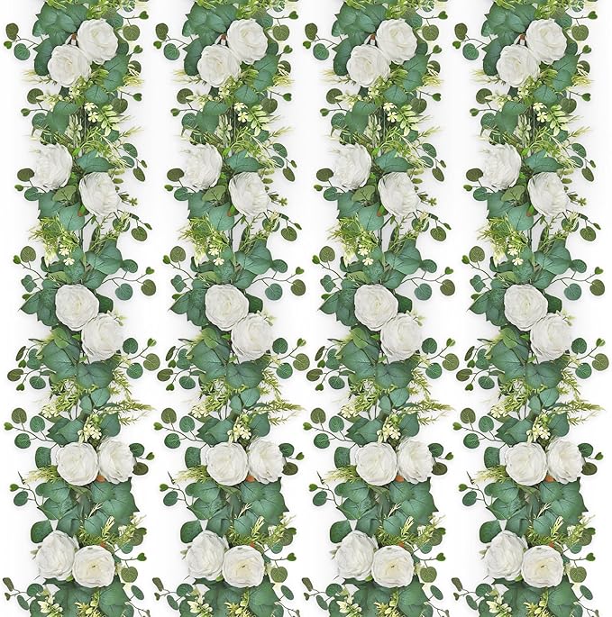 4 Pack 6.23 FT Artificial Eucalyptus Garlands with White Roses,Faux Floral Greenery Garlands Fake Rose Flowers Vines Garlands for Wedding Table Centerpieces Arch Party Ceremony Backdrop Decor
