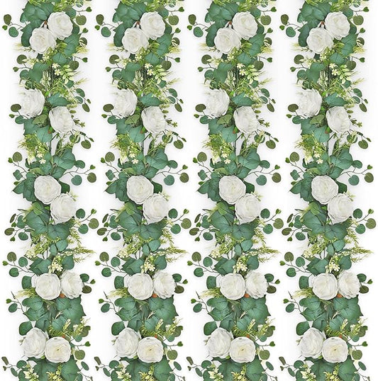 4 Pack 6.23 FT Artificial Eucalyptus Garlands with White Roses,Faux Floral Greenery Garlands Fake Rose Flowers Vines Garlands for Wedding Table Centerpieces Arch Party Ceremony Backdrop Decor