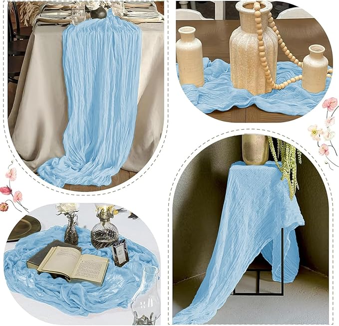 25 Pack Baby Blue Cheesecloth Table Runner 17 x 108 Inch Gauze Table Runner Fabric Semi Sheer Cheese Cloth Table Decor Bulk for Rustic Romantic Wedding Baby Shower Table Decoration