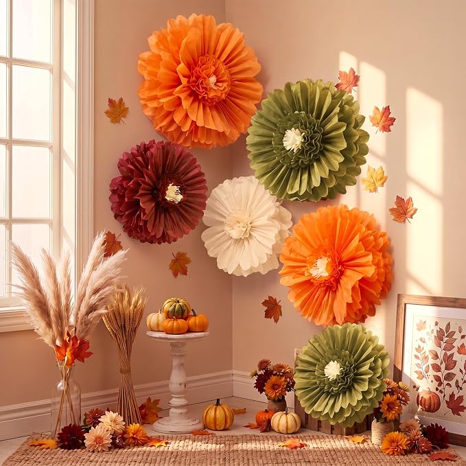 Giegxin 6 Pcs Giant Fall Paper Flowers Pumpkin Orange Sage Green Tissue Pom Poms Autumn Crepe Paper Flowers for Fall Wedding Baby Shower Birthday Boho Bridal Shower Backdrop Party Decorations