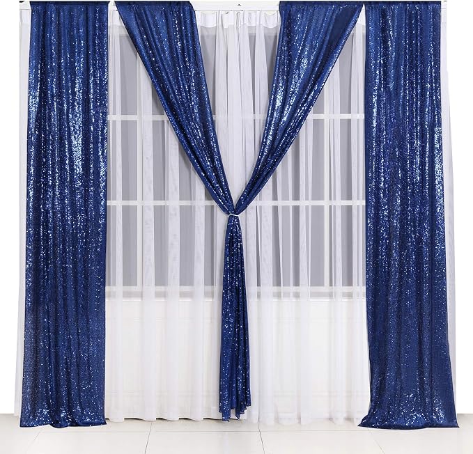Poise3EHome 2ft x 8ft Blue Sequin Photography Backdrop Curtains 2 Panels for Party Decoration, Navy Blue