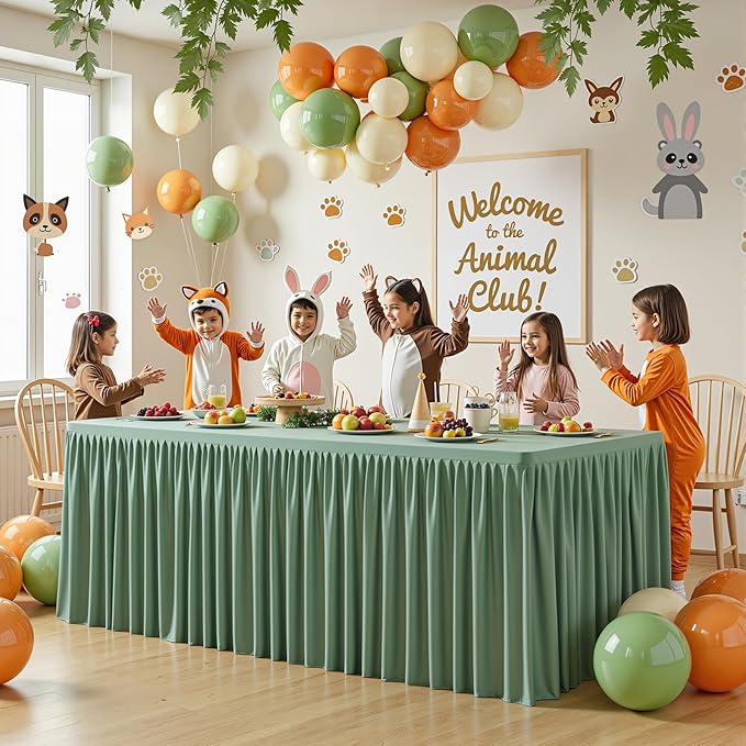 2 Packs Sage Green Tableclothes for 8 Foot Rectangle Tables, Wrinkle Free Fitted Table Cloth 8ft Stretch Table Cover with Skirt for Parties Weddings Birthday Banquet Baby Shower