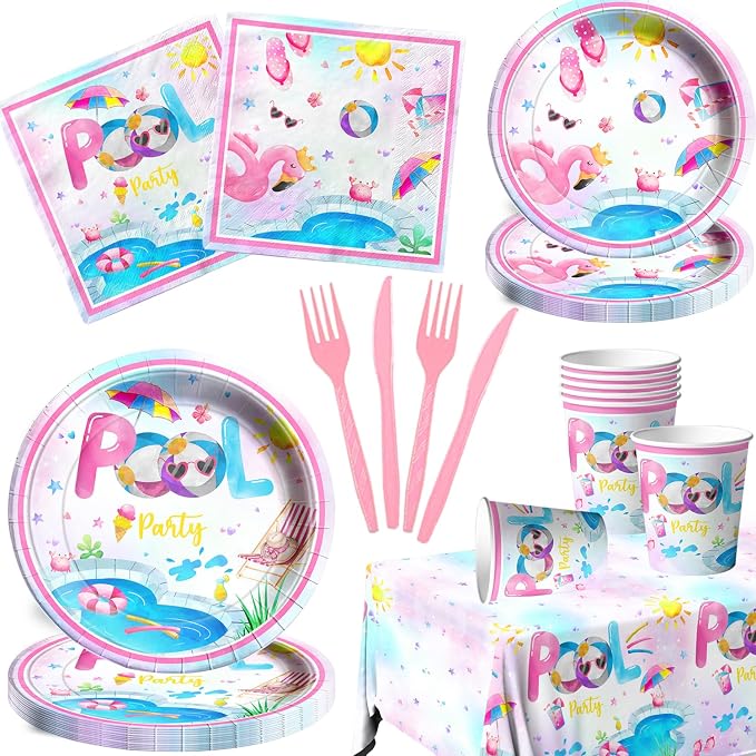 Pool Party Supplies,141pcs Pink Pool Birthday Tableware Decorations Pool Party Plates Cups Summer Theme Napkins Beach Ball Tablecloth for Hawaii Party Decoration