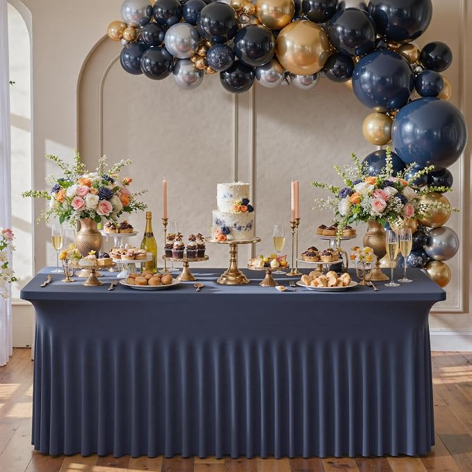 2 pk Navy Blue Spandex Tablecloth 6ft With Ruffle Table Skirt, Wrinkle Free Stretchy Fitted Tablecloths for 6 Foot Rectangle Tables, Elastic Spandex Table Covers 6ft for Weddings Parties Banquet Craft
