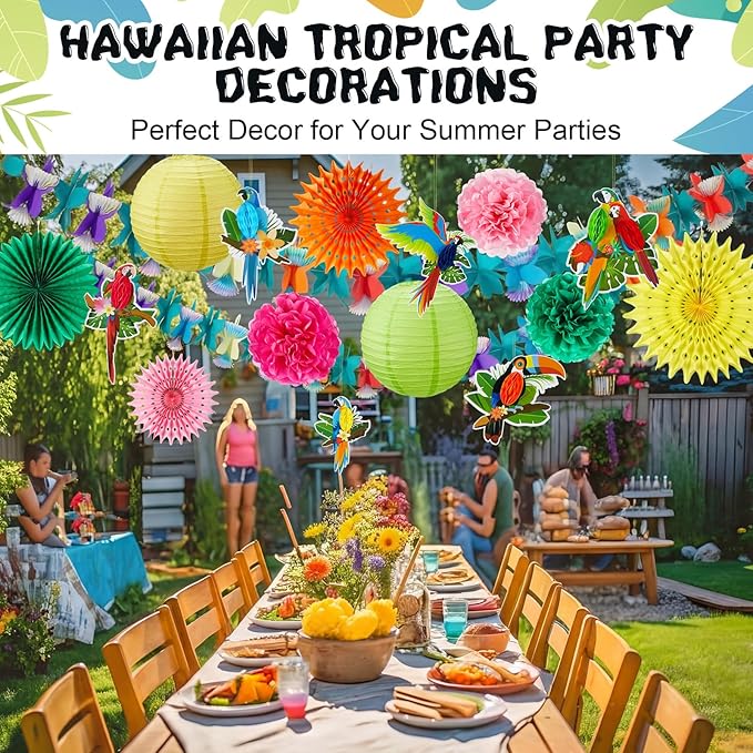 Frienda 19 Pcs Hawaiian Tropical Luau Party Decorations Tropical Parrot Bird Honeycomb Hanging Garland Multicolour Paper Hibiscus Flower Summer Banner Lantern Fans for Tiki Bar Beach Jungle Party