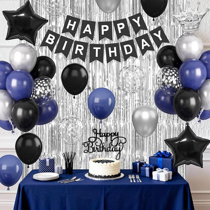 Navy Blue and Black Birthday Decorations for Men, Black Blue Confetti Balloon with 'HAPPY BIRTHDAY' Banner Fringe Curtains Crown Foil Balloons Cake Topper for Men Boys Adults Party Decor