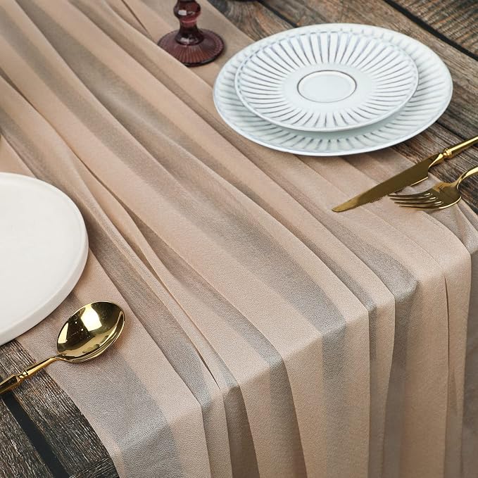 WELTRXE 4 Pack Champagne Chiffon Table Runner 30x120 Inches Romantic Sheer Wedding Table Runner Glitter Brown Tulle Fabric Party Table Decorations for Wedding, Birthday Party, Bridal & Baby Shower