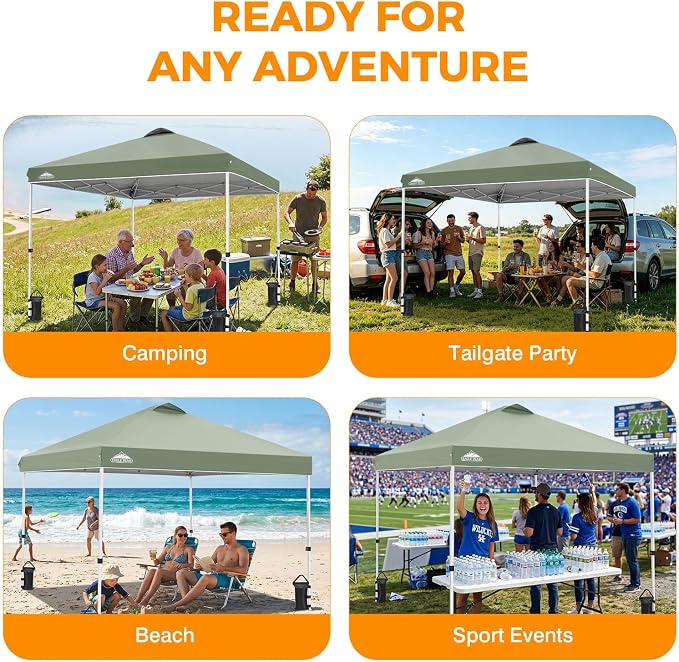 EAGLE PEAK Pop Up Canopy Tent with Wheeled Carry Bag, 8 Stakes, 4 Ropes, 4 Weight Bags, Easy Set Up Tent Canopy, 10x10 ft, 100sqft of Shade, Sage Green