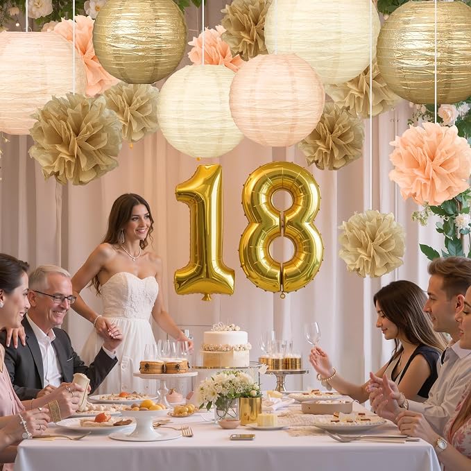 18pcs Champagne-Gold Paper Lanterns Decoration Gold White Hanging Décor Pom Poms Paper Flower Party Supply for Baby Shower Wedding Valentine Birthday Party