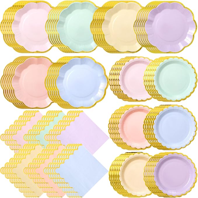 144 Pcs 48 Guests Pastel Rainbow Party Paper Plates and Napkins Sets Heavy Duty Pastel Scalloped Party Plates Napkins Disposable Rainbow Supplies Decoration for Bridal Baby Shower Wedding