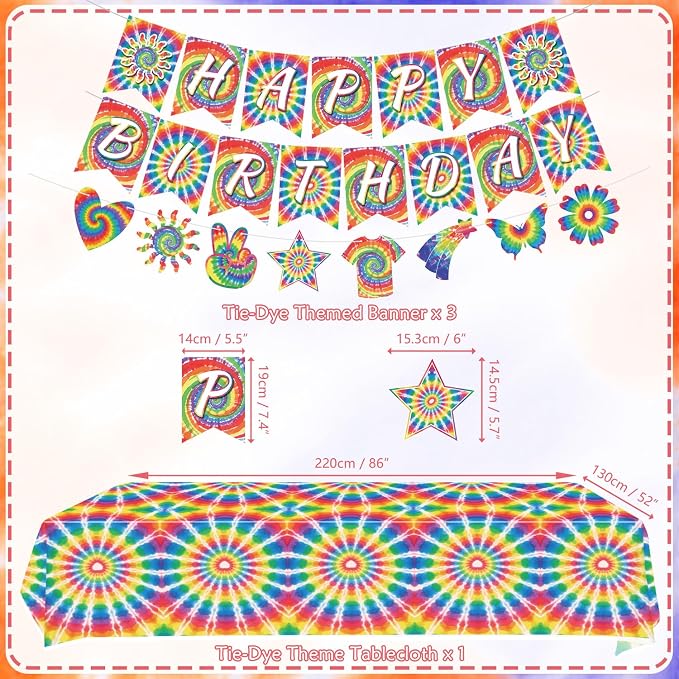 Tie Dye Birthday Party Decorations, Includes Happy Birthday Banner, Plates, Tablecloth, Cups, Balloon and Straws, for 60s Hippie Party Supplies, Serves 20 Guest