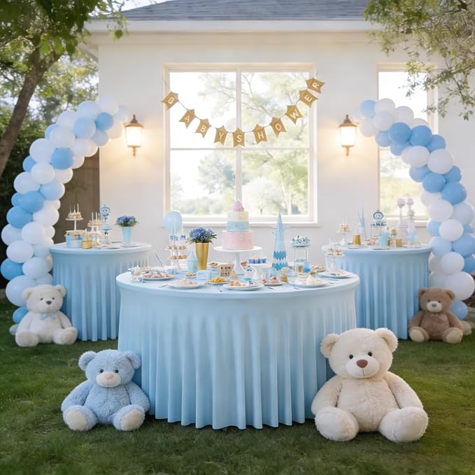 60 Inch Baby Blue Round Tablecloth - Stretch Spandex Fitted Table Cover with Elastic Skirt Edge, Wrinkle-Free & Reusable for 5FT Tables Wedding Banquet Party Birthday Buffet