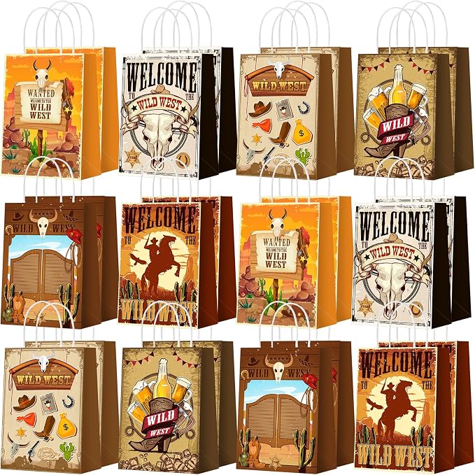 Outus 24 Pcs Cowboy Party Favor Bags Western Cowboy Goodie Candy Bags Paper Rodeo Bag Wild West Gift Treat Pouch‌ with Handles for Cowgirl Birthday Party Supplies