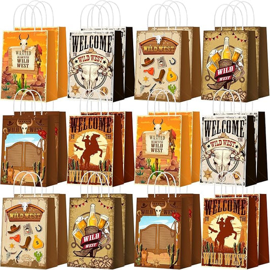 Outus 24 Pcs Cowboy Party Favor Bags Western Cowboy Goodie Candy Bags Paper Rodeo Bag Wild West Gift Treat Pouch‌ with Handles for Cowgirl Birthday Party Supplies