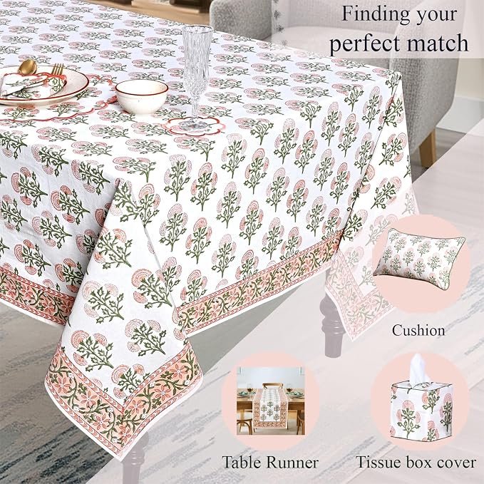 Ridhi Mughal Buta Peach Hand Block Print Cotton Rectangle Tablecloth 108" x 70" inches Reusable Table Cover Decorative Everyday Use for Dining Room, Farmhouse, Home Gift for Spring, Mother's Day
