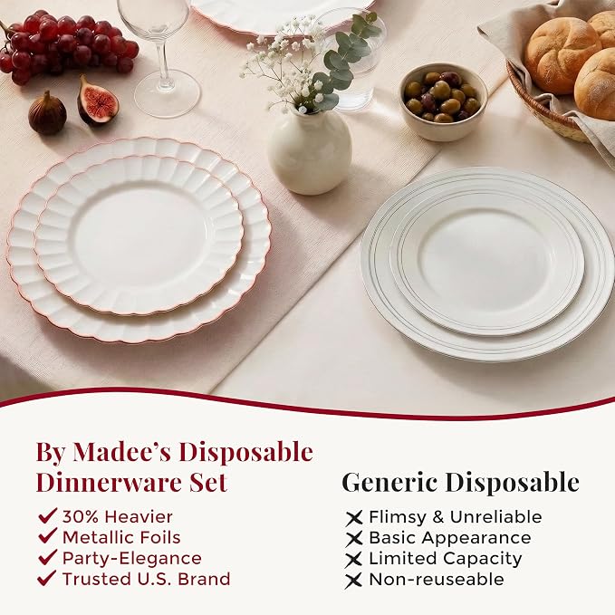 By Madee HEAVYWEIGHT 60 Pc Ivory Scalloped Plastic Plates with Rose Gold Trim | 30 Dinner & 30 Dessert Fancy Disposable Plates | Perfect for Weddings Bridal Showers or Any Special Moments (30 Guests)