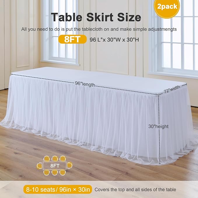familus White Table Cloths 8 Foot Rectangle 2 Pack Stretch Ruffle Tulle Tablecloth Spandex Fitted Table Cover for 8 Foot Tulle Table Skirts for Party Wedding Table Cloths, Banquets