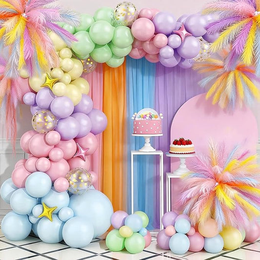 316Pcs Pastel Party Decoration Set, Macaron Balloon Arch Kit with Artificial Pampas Grass and Gauze Curtain for Spring, Easter, Birthday, Wedding, Engagement and Baby Shower Theme Parties