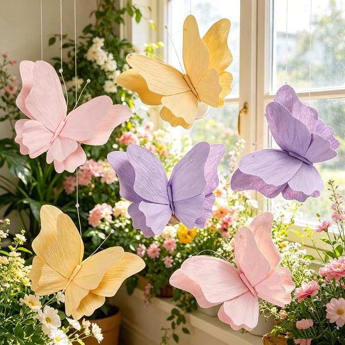 SUNBEAUTY Butterfly Party Decorations Hanging Butterfly Decorations 6Pcs Crepe Paper Garden 3D Butterflies Decor Pastel Paper Butterflies Decoration for Wedding Baby Shower Birthday Party Room Decor