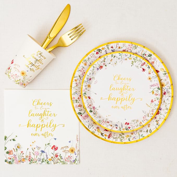 Crisky Bridal Shower Plates and Napkins Gold Cheers to Love Disposable Tableware Set of 24 for Engagement Bridal Shower Wedding Party Decorations (Plates, Napkin, Cups, Tablecloth, Knife & Fork)