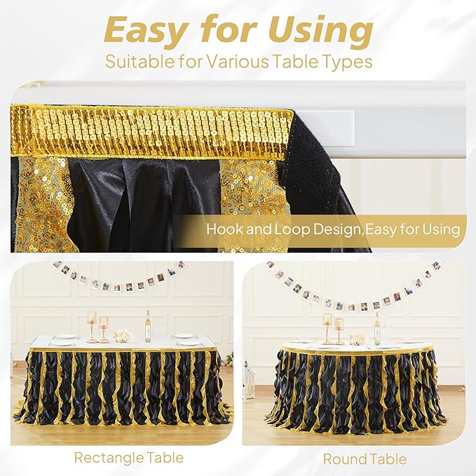 Wish Care 14ft Black Gold Sequin Tutu Table Skirt for Rectangle Tables Glitter Curly Willow Table Skirting Ruffle Table Cloth Desk Skirts for 50th Birthday Graduation Prom Theme Party Decorations