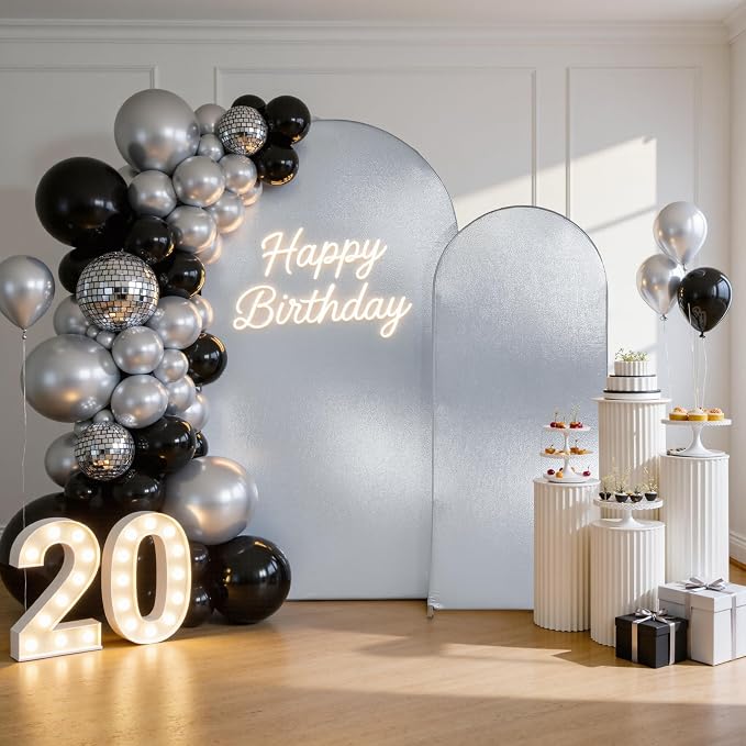 Silver Shimmer Arch Backdrop Cover Set of 2 (6 7.2FT) with Zipper,Thick Soft Stretchy Sequin Glitter Spandex Fitted Chiara Cover for Wedding Birthday Baby Shower Graduation Party Photo Backdrop