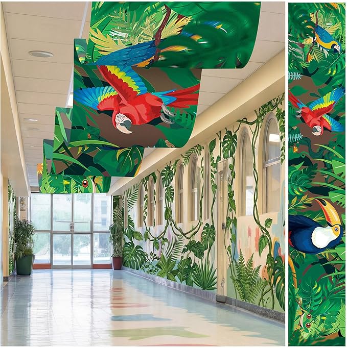 Feifeiya 3 Pcs 36 ft Rainforest Theme Party Decor 2026 VBS Decorations Tropical Forest and Bird Rainforest Safari Ceiling Banner Party Hanging Decor for VBS Sunday School Classroom