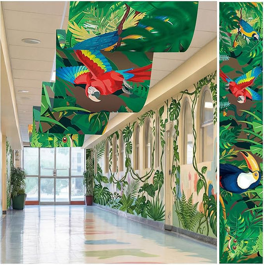 Feifeiya 3 Pcs 36 ft Rainforest Theme Party Decor 2026 VBS Decorations Tropical Forest and Bird Rainforest Safari Ceiling Banner Party Hanging Decor for VBS Sunday School Classroom