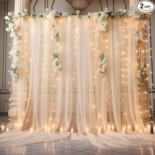 10x10ft Champagne Tulle Backdrop Curtain with Lights String for Parites, Sheer Photo Backdrop Curtains for Wedding Ceremony Bridal Shower Baby Shower Birthday Party Photo Shoot Background Decorations