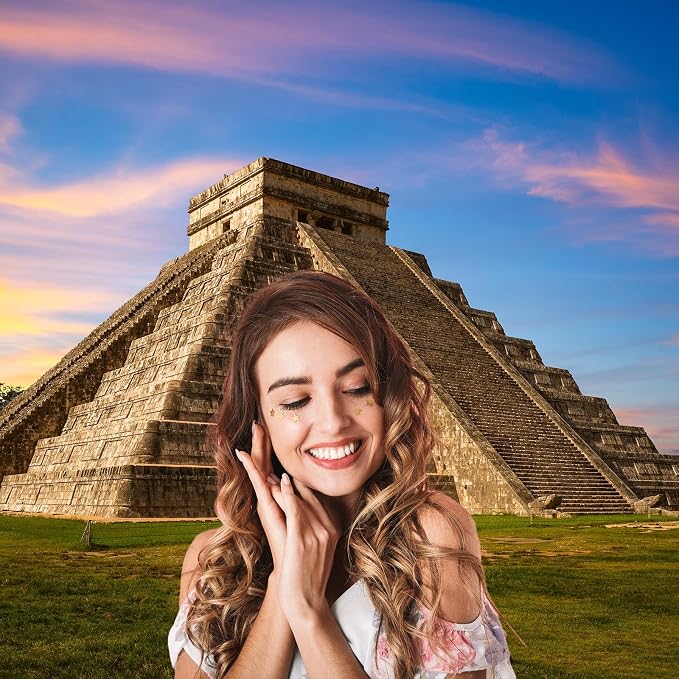 Pyramid Backdrop Sunset Sunrise Ancient Mayan Ruins Photography Background View Wonder of The World Mexico Culture Historical Building Backdrop Maya Travel Background Decorations Props 10x8ft