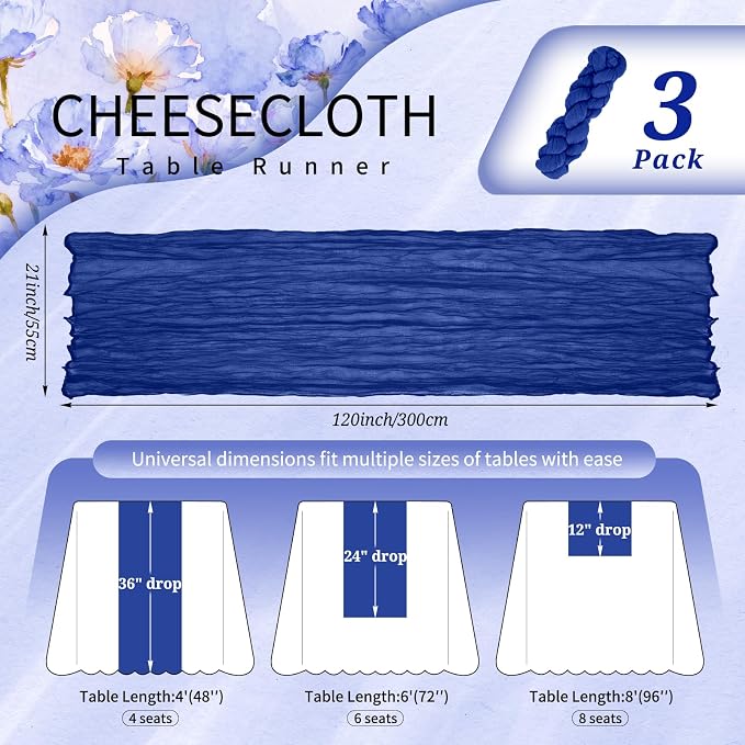 3 Pack Cheesecloth Table Runner 10FT Royal Blue Table Runner Boho Gauze Cheese Cloth Table Runners Long Rustic Sheer Table Decorations for Wedding Party Baby Bridal Shower Birthday Holiday Home