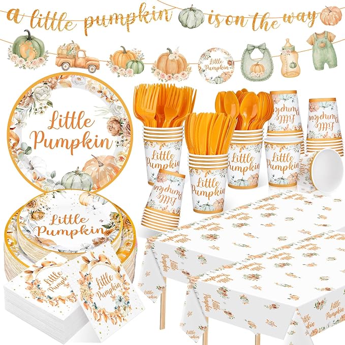 405 Pcs Little Pumpkin Baby Shower Party Decorations Thanksgiving Fall Little Pumpkin Decoration Baby Shower Plates and Napkins Supplies Include Tablecloth Banner Cups for 50 Guests Autumn
