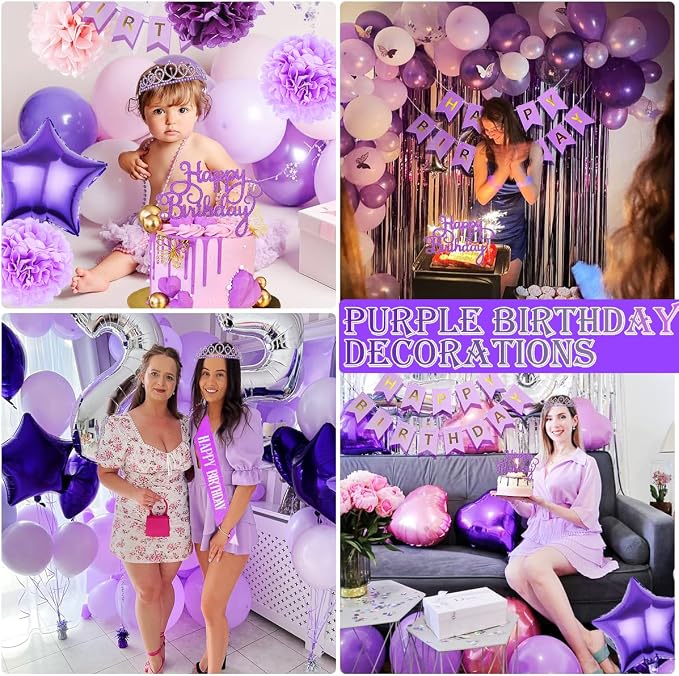 Birthday Decorations Set, Purple Party Decoration with Purple Balloons, Banner, Pom Poms, Fringe Curtain Background, Birthday Crown, Shoulder Strap for Girls Women Party Supplies