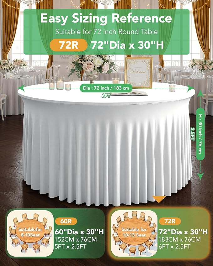 4 Pack Spandex Table Cover Skirts for 72 inch Round Tables, White Stretch Table Cloths with Floor-Length Ruffle, Elastic Fitted Skirted Tablecloth for Elegant Wedding Banquet Party Buffet Decoration