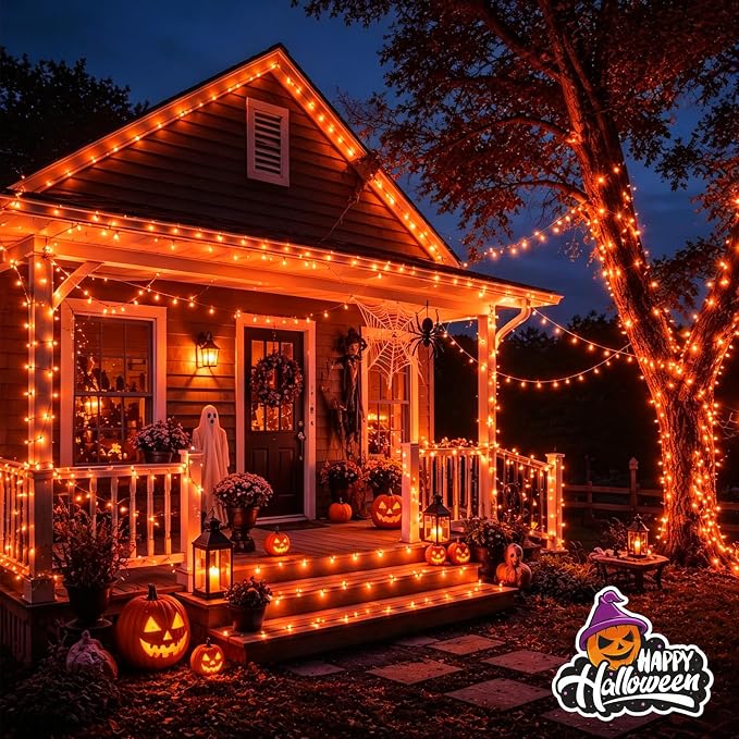 YEGUO Thanksgiving Lights Battery Operated, 2 Pack Each 33ft 100 LED Orange String Lights Outdoor Waterproof, Clear Wire Fairy Christmas Light Indoor with Remote