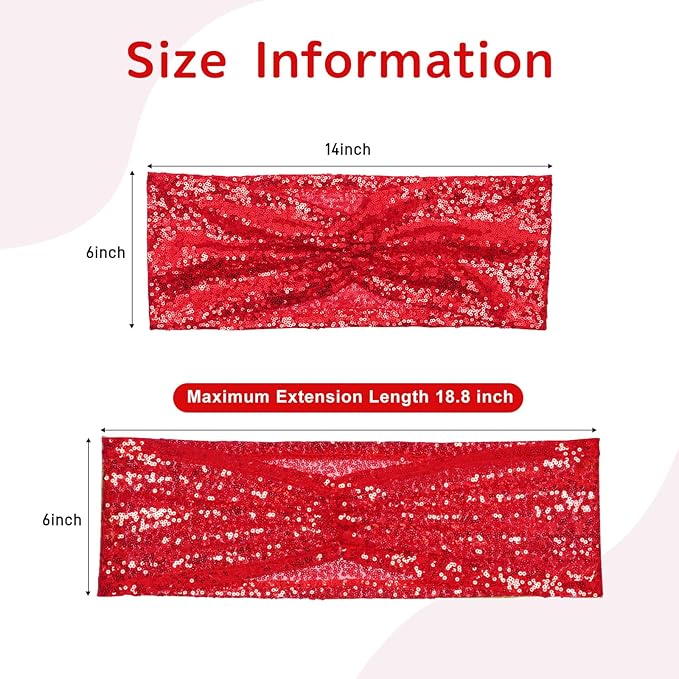 SquarePie Pack of 20 Sequin Chair Sashes Bands Red Sparking Bows for Wedding Banquet Party Decor