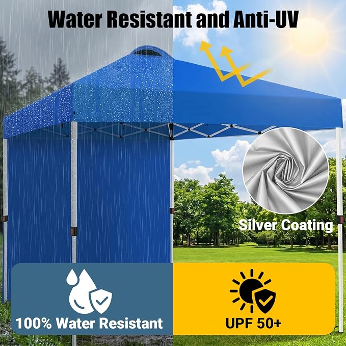 10x10 Pop Up Canopy Tent with One Sidewall, Instant Folding Outdoor Shelter with Air Vent, High Strength Steel Frame and Handheld Carry Bag for Backyard Party, Camping, Blue