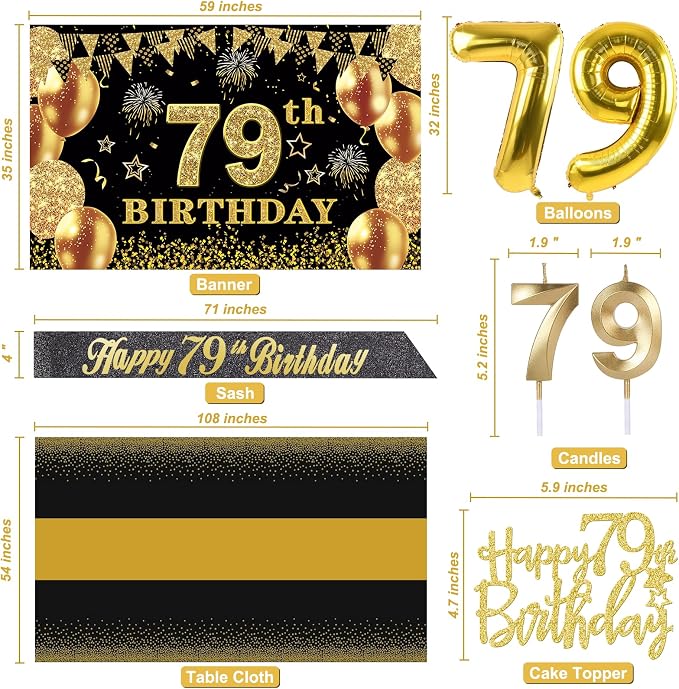 79th Birthday Decorations Men Women with 79th Birthday Banner, Black and Gold Table Cloth, Number Balloons, Sash, Cake Topper and Candles