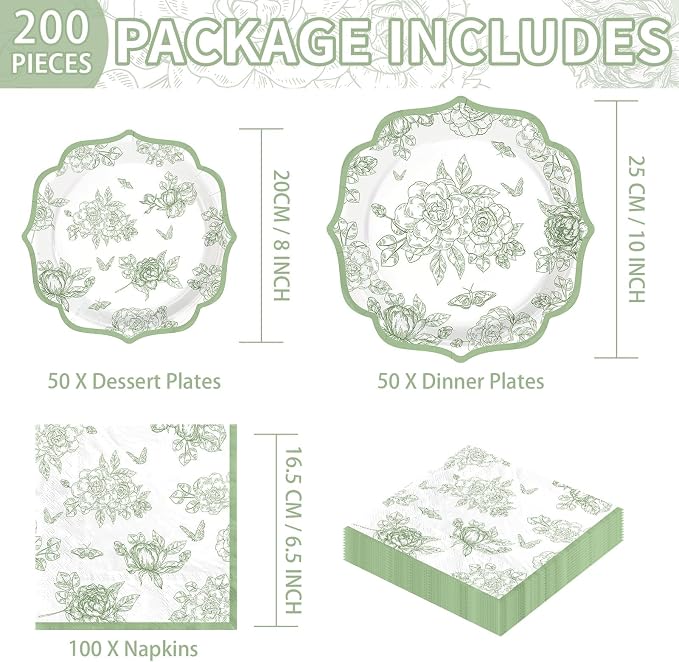200Pcs Sage Green Party Decoration Green White Scalloped Plates and Napkins Vintage Floral Chinoiserie Disposable Tableware Set for Wedding Baby Shower Birthday Party Supplies Serves 50