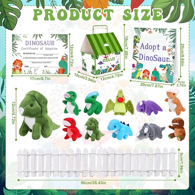 63 Pcs Adopt a Dinosaur Party Favors Include 20 Mini Dinosaur Stuffed Animals 20 Foldable House Gift Boxes 20 Adoption Card 1 Adoption Sign 2 Fence for Adopt A Pet Party Dino Birthday Supplies