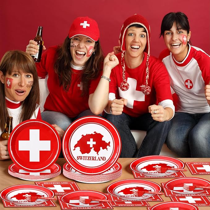 96pcs Switzerland Party Supplies Tableware Set Swiss Flag Party Paper Plates and Napkins Swiss National Day Decoration Suitable for Cultural Festivals Global Travel Parties, Serve 24