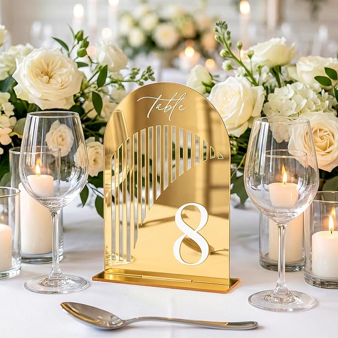 Gold Mirror Arch Wedding Table Numbers 1-15 w/Stand, Gold Mirror 5.5" x 7” Arch Acrylic Signs with Holders, Table Numbers for Wedding Reception, Centerpiece, Anniversary, Party, Event