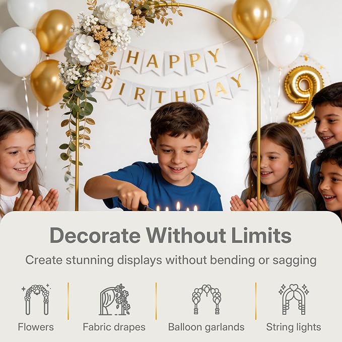 7.2FT Gold Metal Arch Backdrop Stand for Weddings, Birthdays & Garden Decor, Semicircle Frame, Sturdy Powder-Coated Metal, Easy to Assemble, Indoor & Outdoor Use