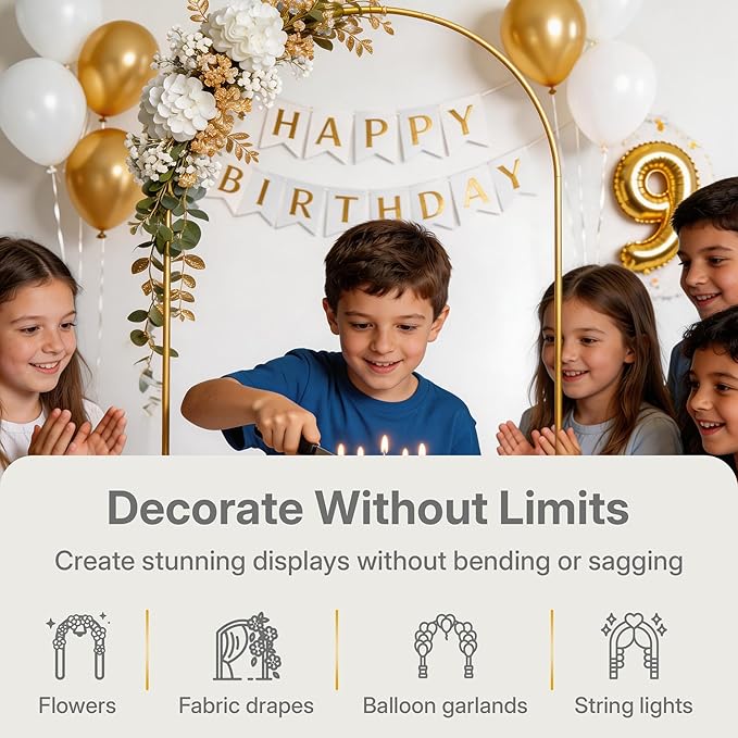 (7.2FT, 6FT) Gold Metal Arch Backdrop Stand for Weddings, Birthdays & Garden Decor, Semicircle Frame, Sturdy Powder-Coated Metal, Easy to Assemble, Indoor & Outdoor Use