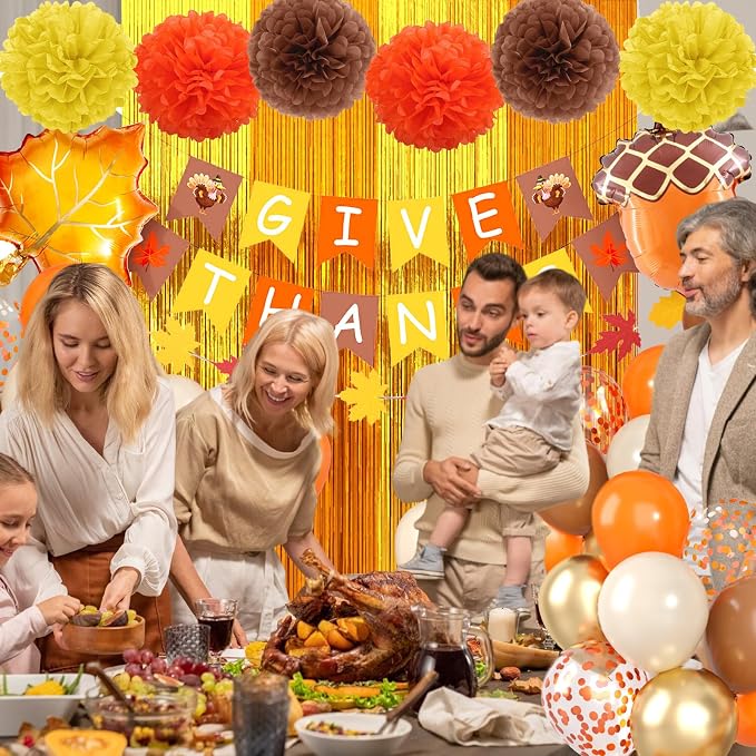 Fall Thanksgiving Party Decorations Set, Includes Give Thanks Banner,Fringe Curtain,Paper Flowers,Autumn Maple Leaves Garland and Foil Balloon for Indoor Home Party Office Classroom Fall Decor