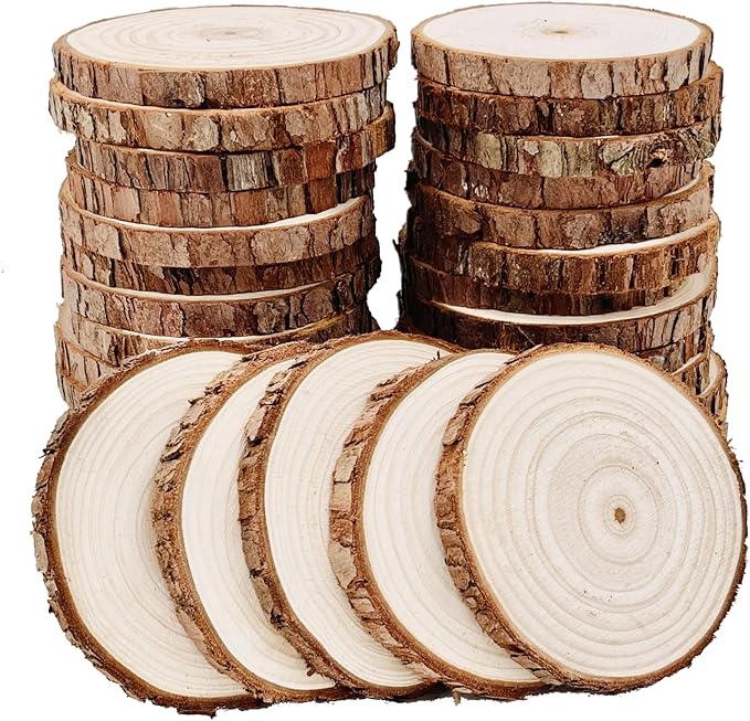 William Craft Unfinished Natural Wood Slices with Bark - 30 Pcs 3.5-4 inch Craft Wood kit Circles Crafts Christmas Ornaments DIY Crafts with Bark for Crafts Rustic Wedding Decoration